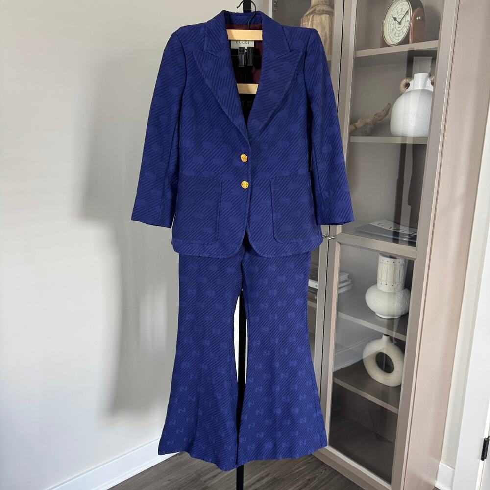 Gucci Royal Blue Textured Blazer and Flared Pants Set